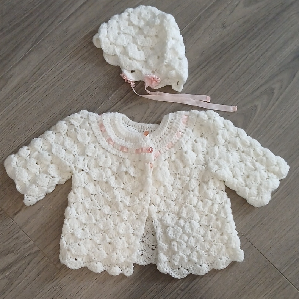 💗Handmade Vintage Baby Sweater Bonnet Crochet Matching Set